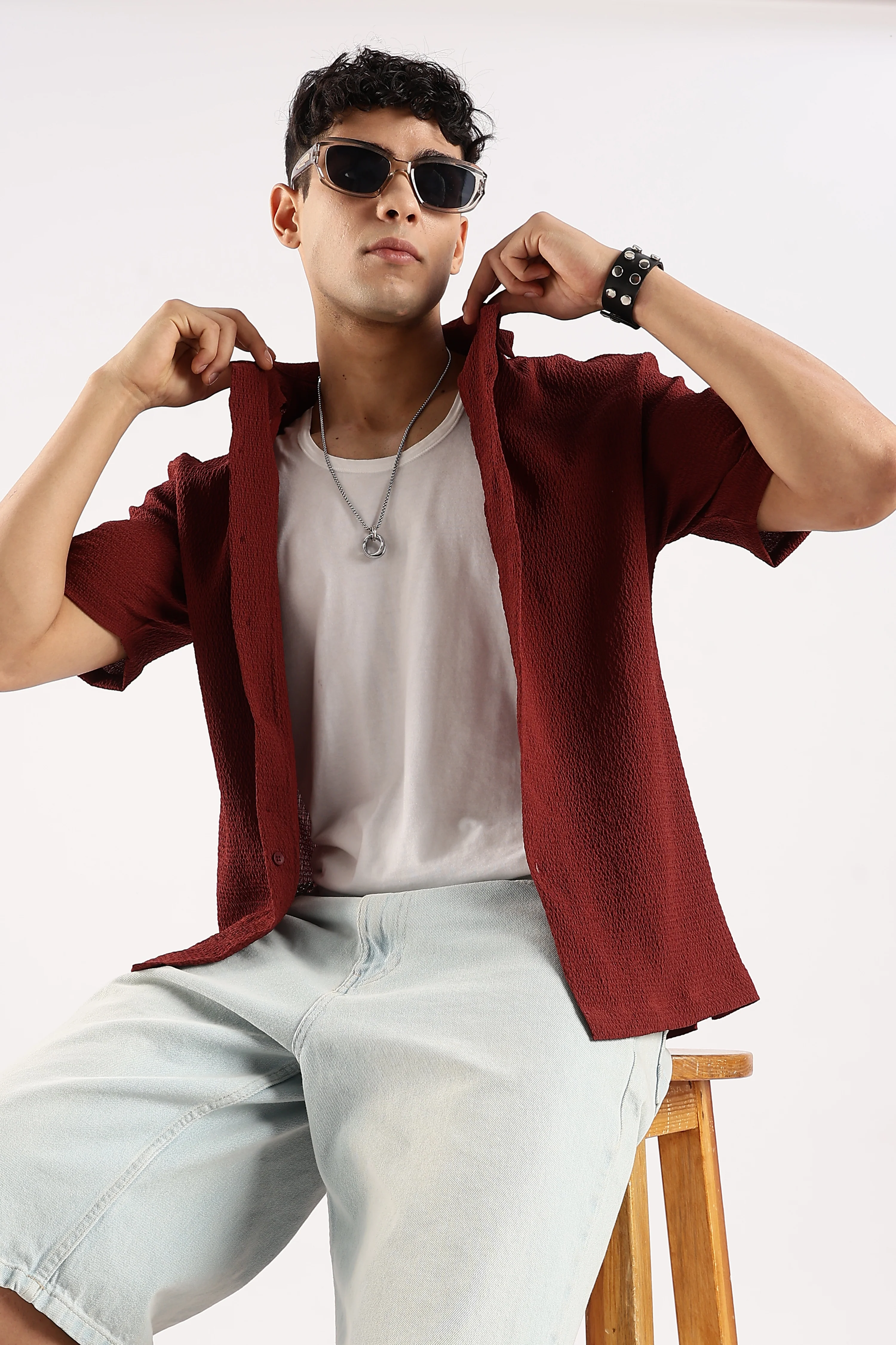Men Maroon Poly Textured Shirt - Image 10