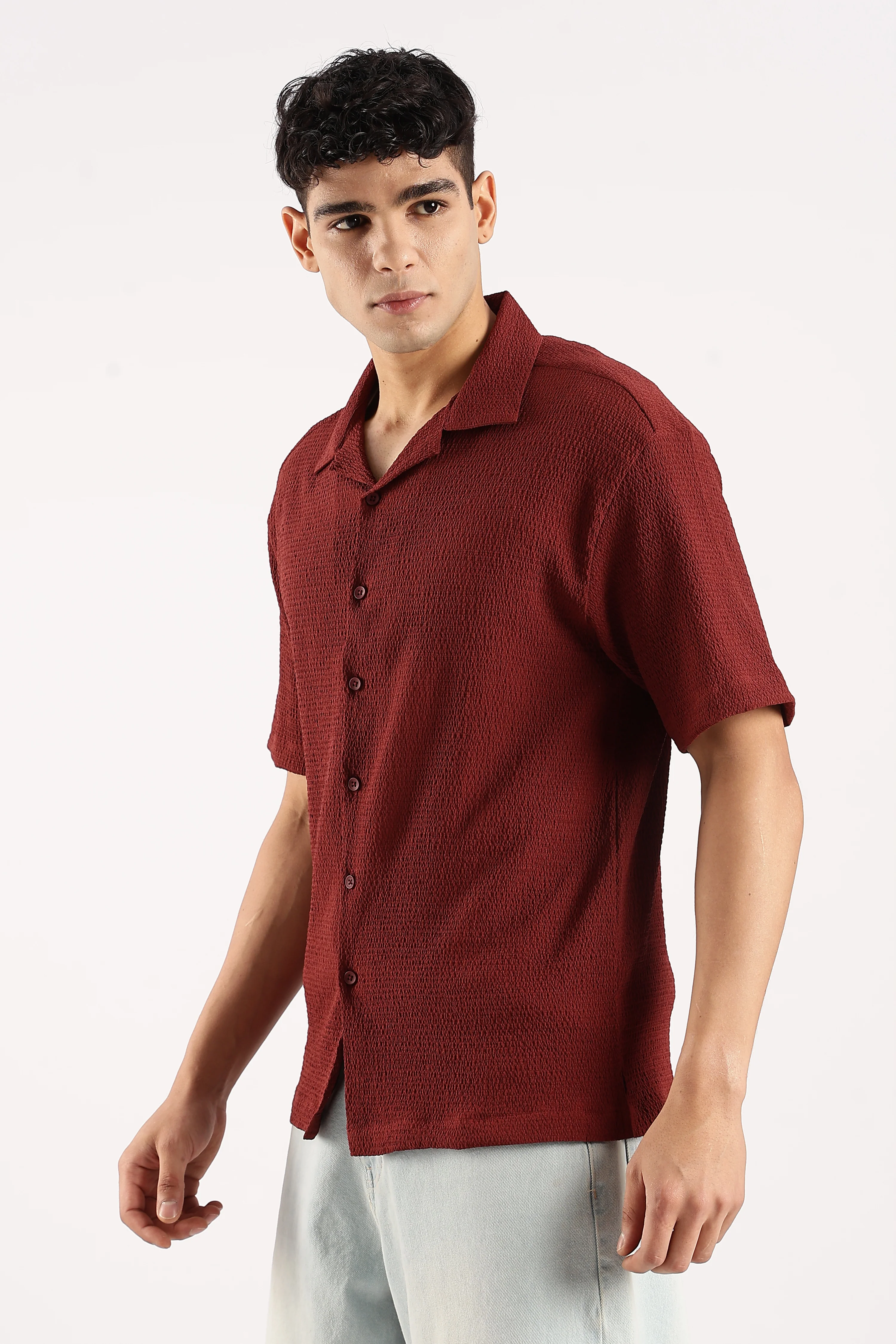 Men Maroon Poly Textured Shirt - Image 4