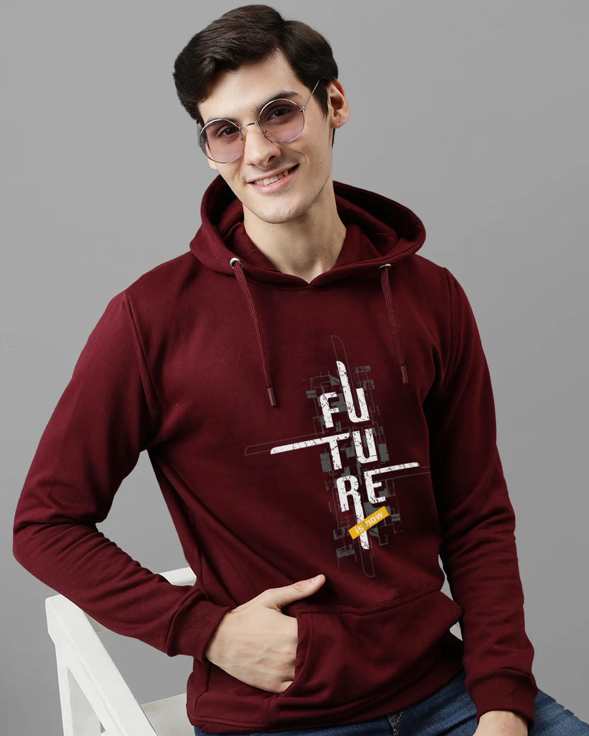 Men Maroon Printed Cotton Hoodie