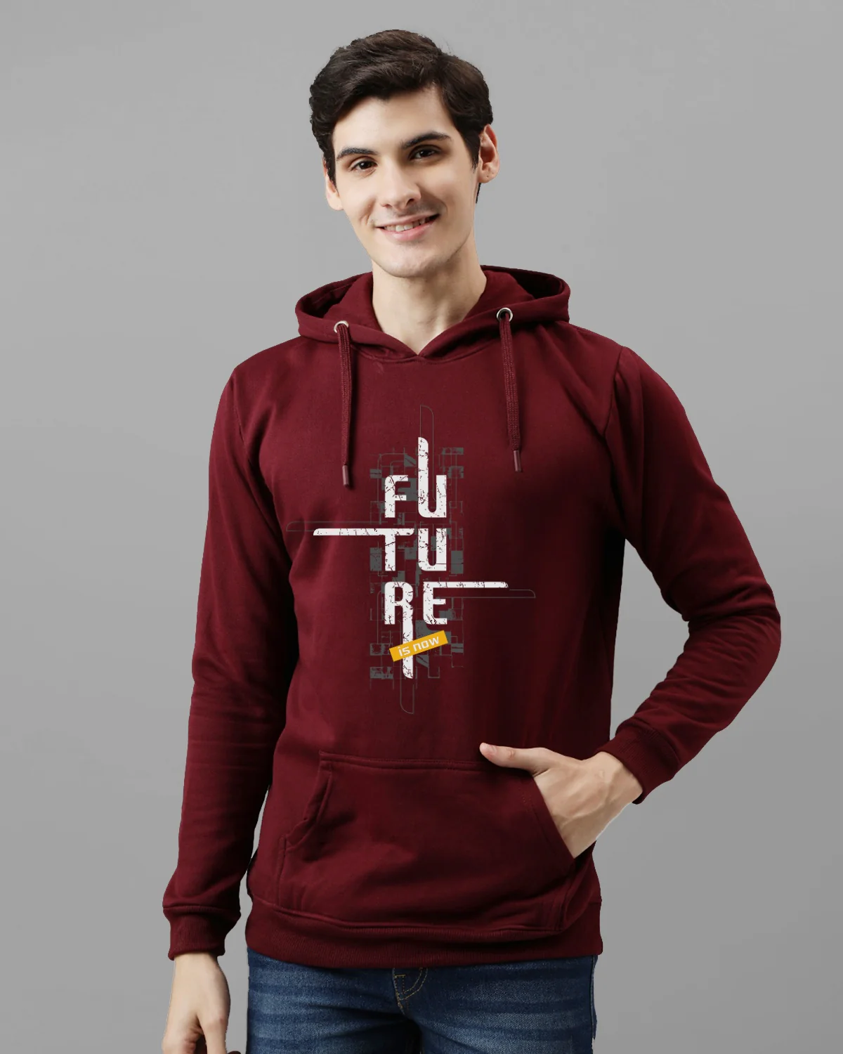 Men Maroon Printed Cotton Hoodie - Image 2