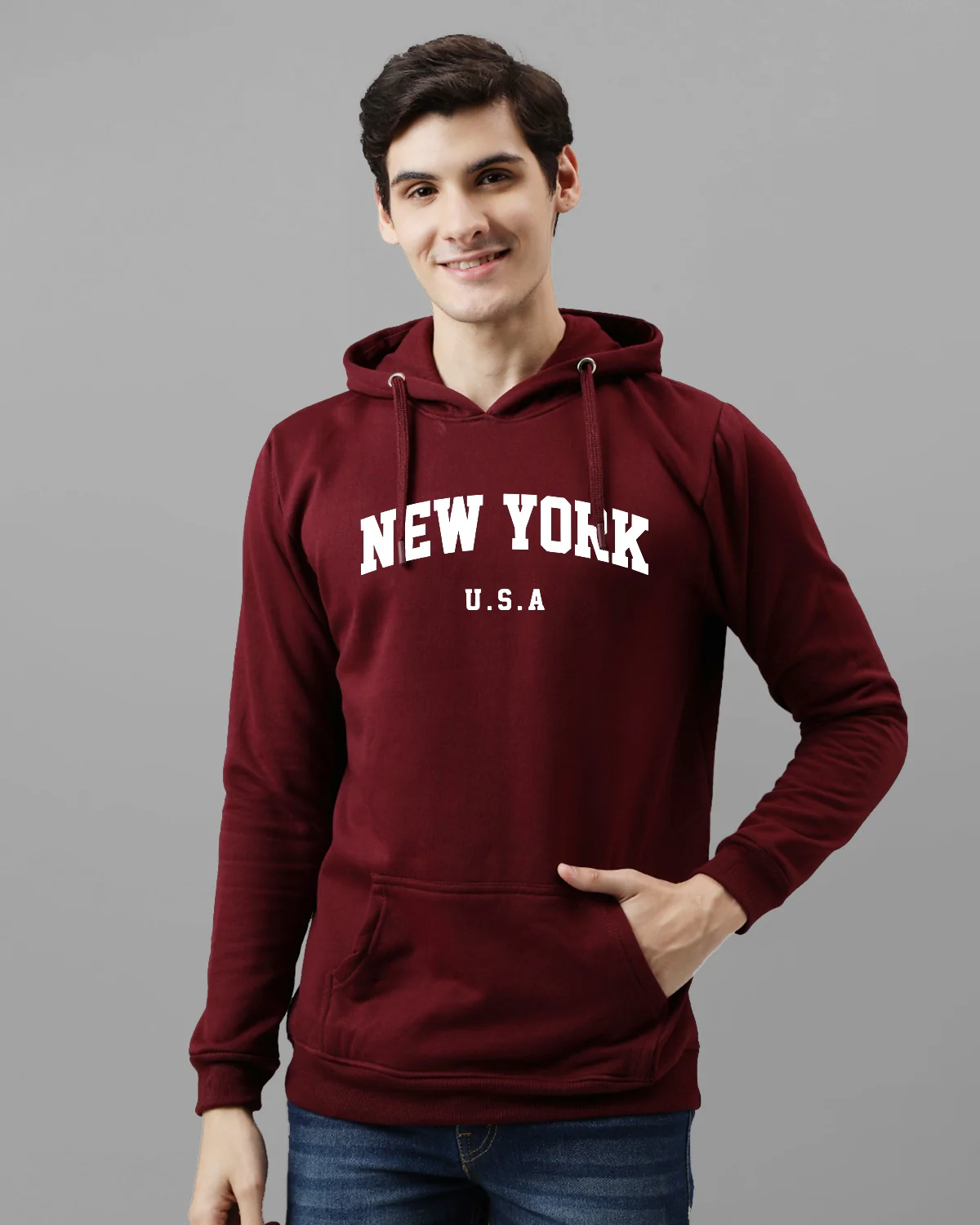Men Maroon Printed Cotton Hoodie