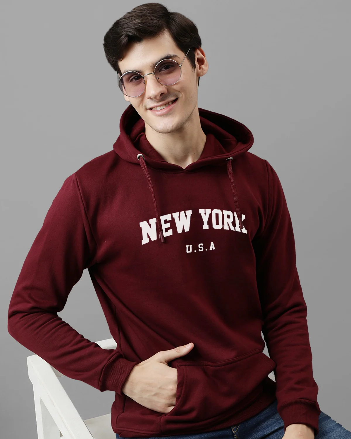 Men Maroon Printed Cotton Hoodie - Image 3