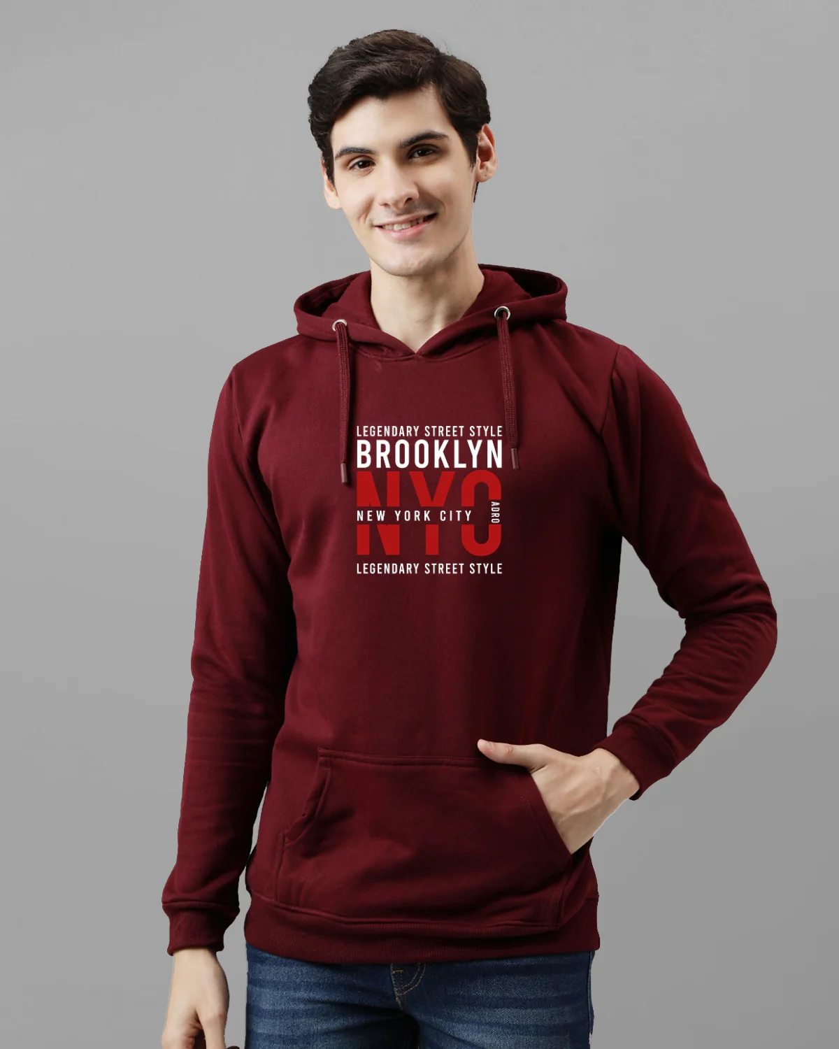 Men Maroon Printed Cotton Hoodie - Image 2