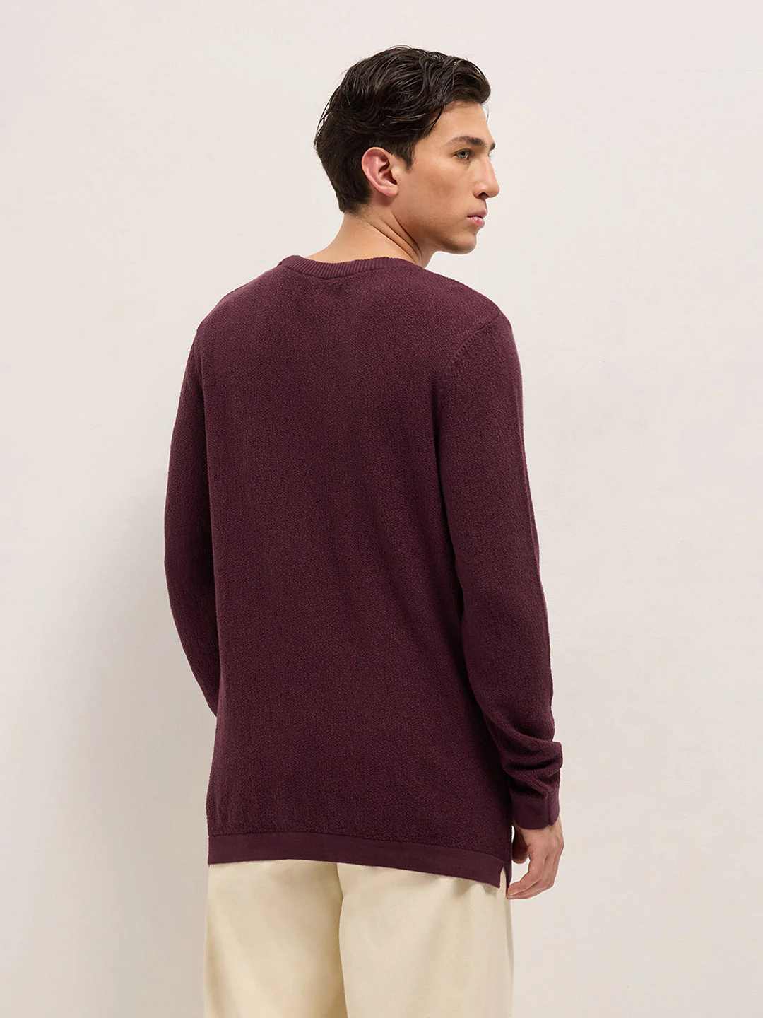 Men Maroon Regular Fit Full Sleeve Flat Knit T-Shirt - Image 2
