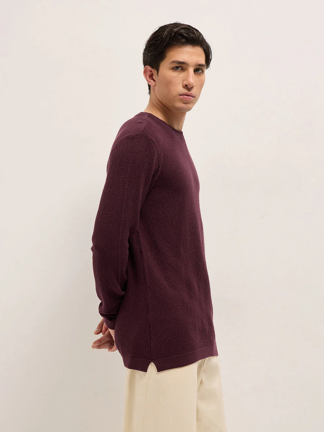 Men Maroon Regular Fit Full Sleeve Flat Knit T-Shirt - Image 3