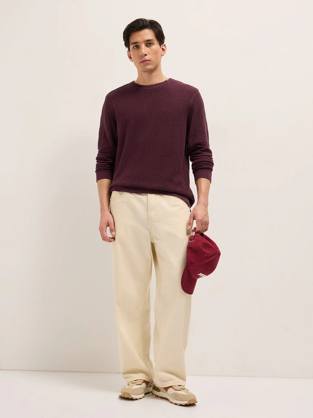Men Maroon Regular Fit Full Sleeve Flat Knit T-Shirt - Image 4