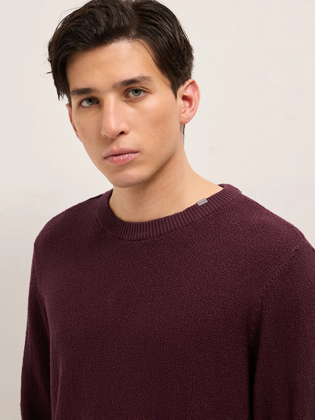 Men Maroon Regular Fit Full Sleeve Flat Knit T-Shirt - Image 5