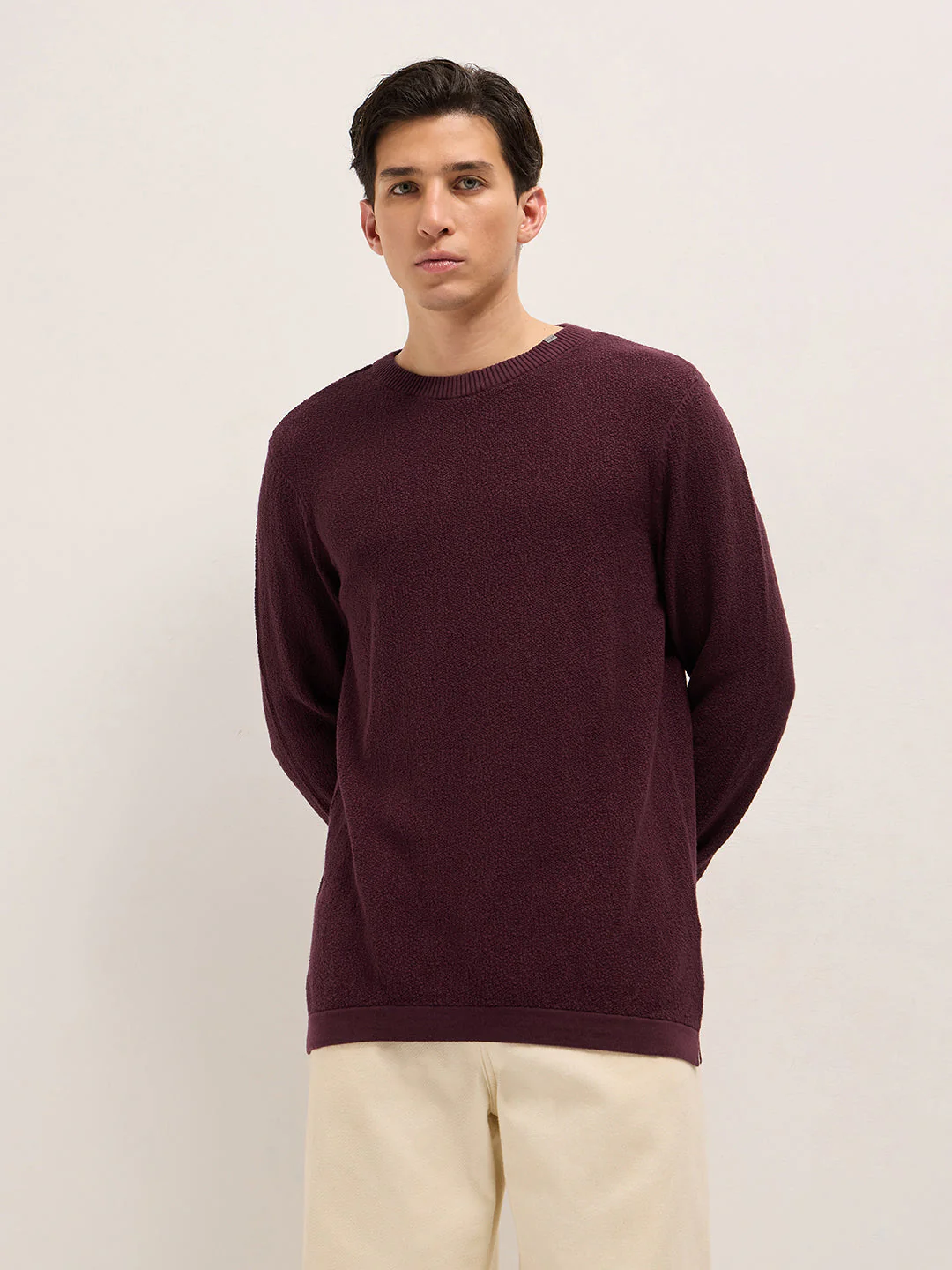 Men Maroon Regular Fit Full Sleeve Flat Knit T-Shirt - Image 6