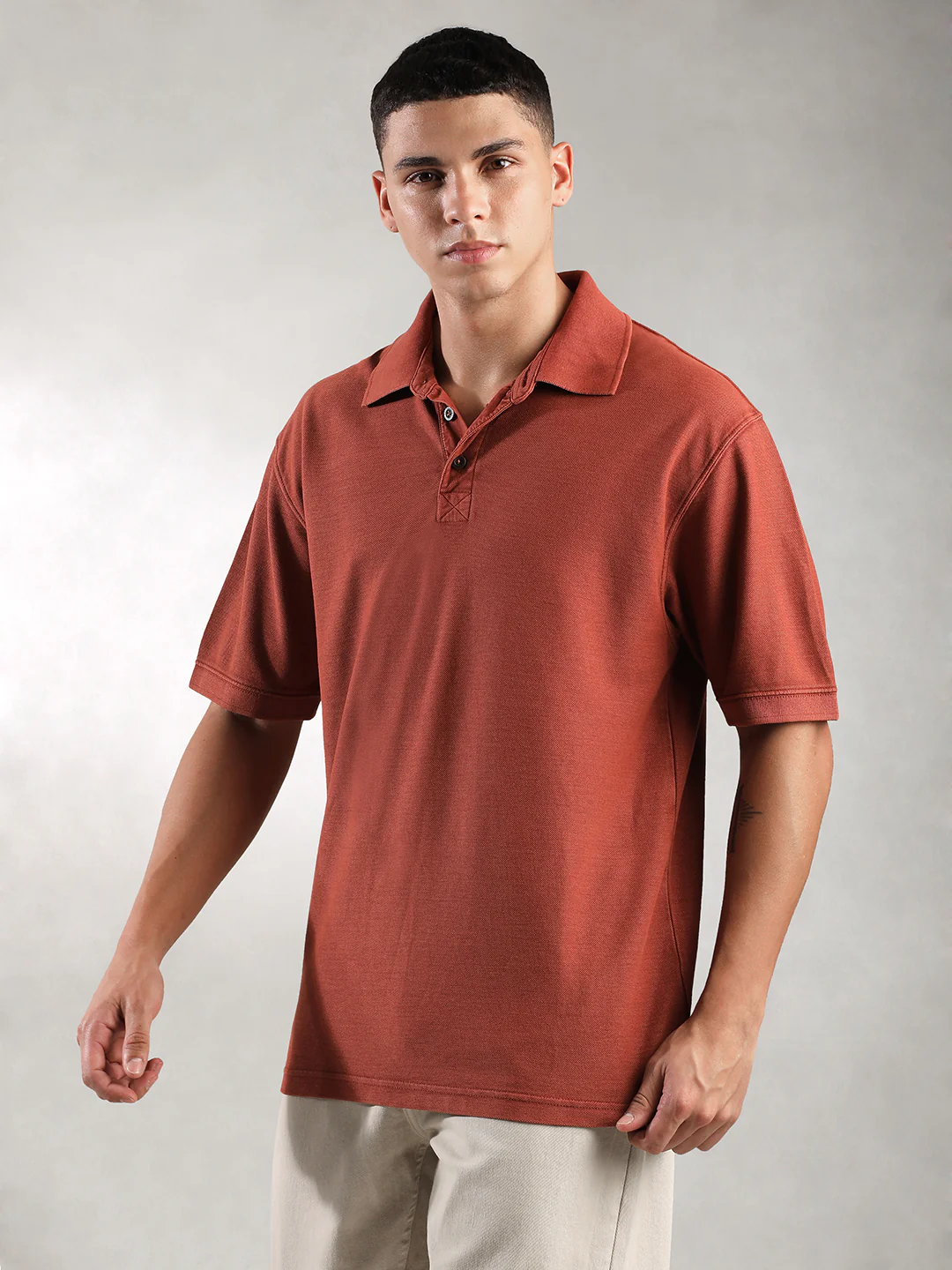 Men Rusty Orange Drop Shoulder Oversize Polo T-Shirt - Image 6
