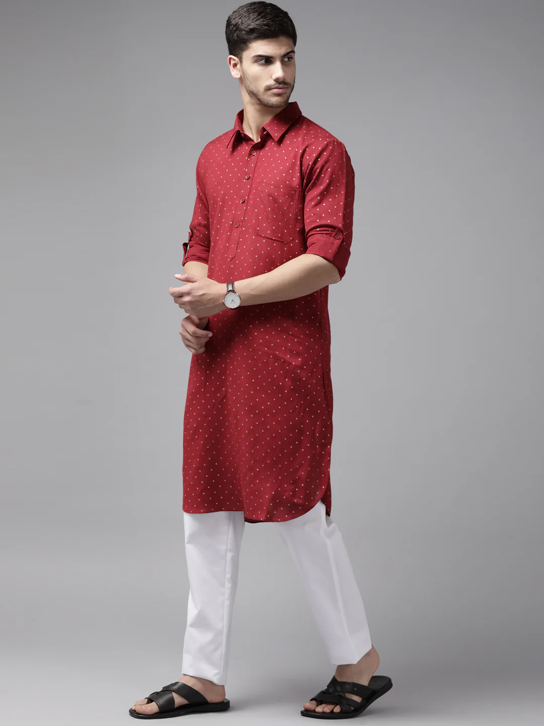 Men Maroon Regular Pure Cotton Pathani Printed Men'S Kurta - Image 2