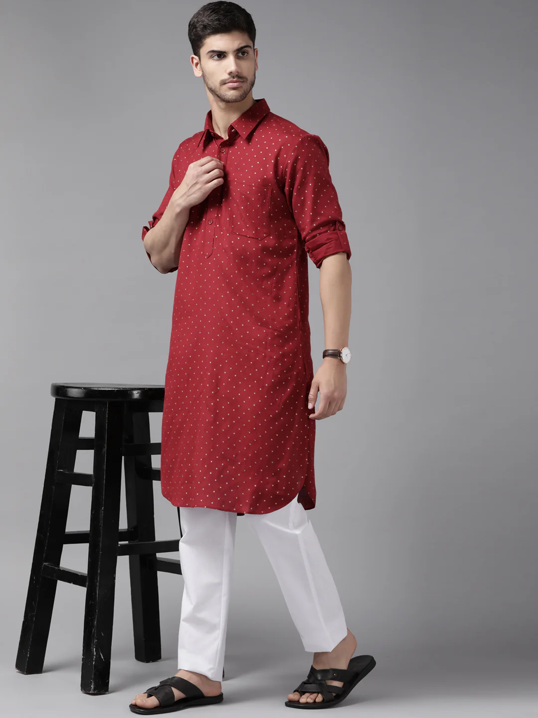 Men Maroon Regular Pure Cotton Pathani Printed Men'S Kurta - Image 4