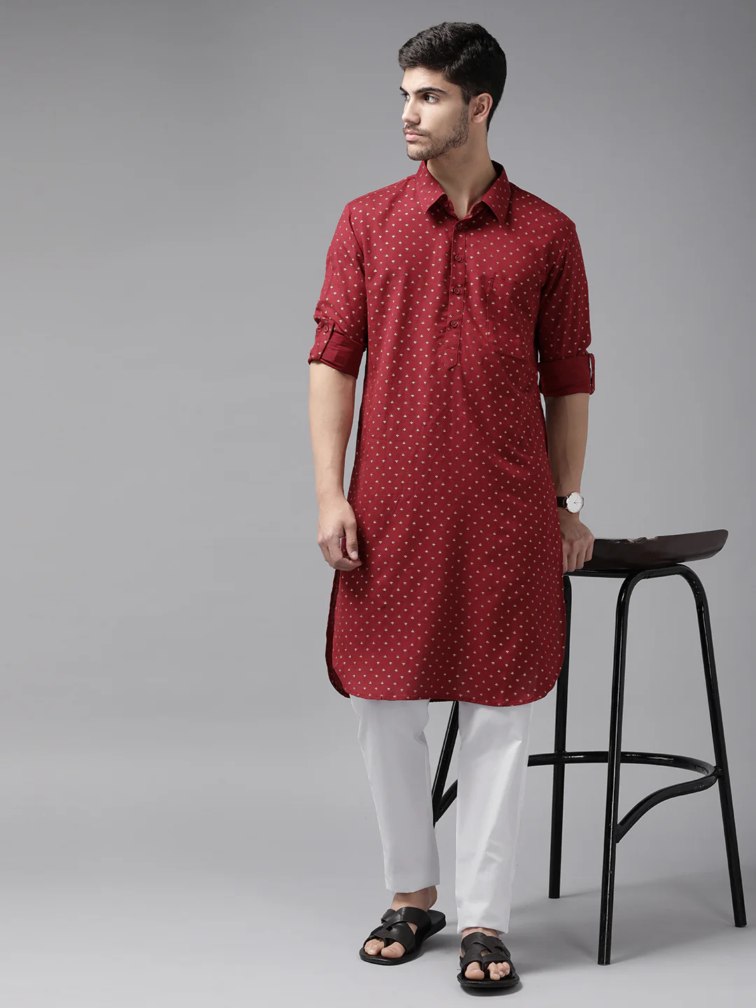 Men Maroon Regular Pure Cotton Pathani Printed Men'S Kurta - Image 5
