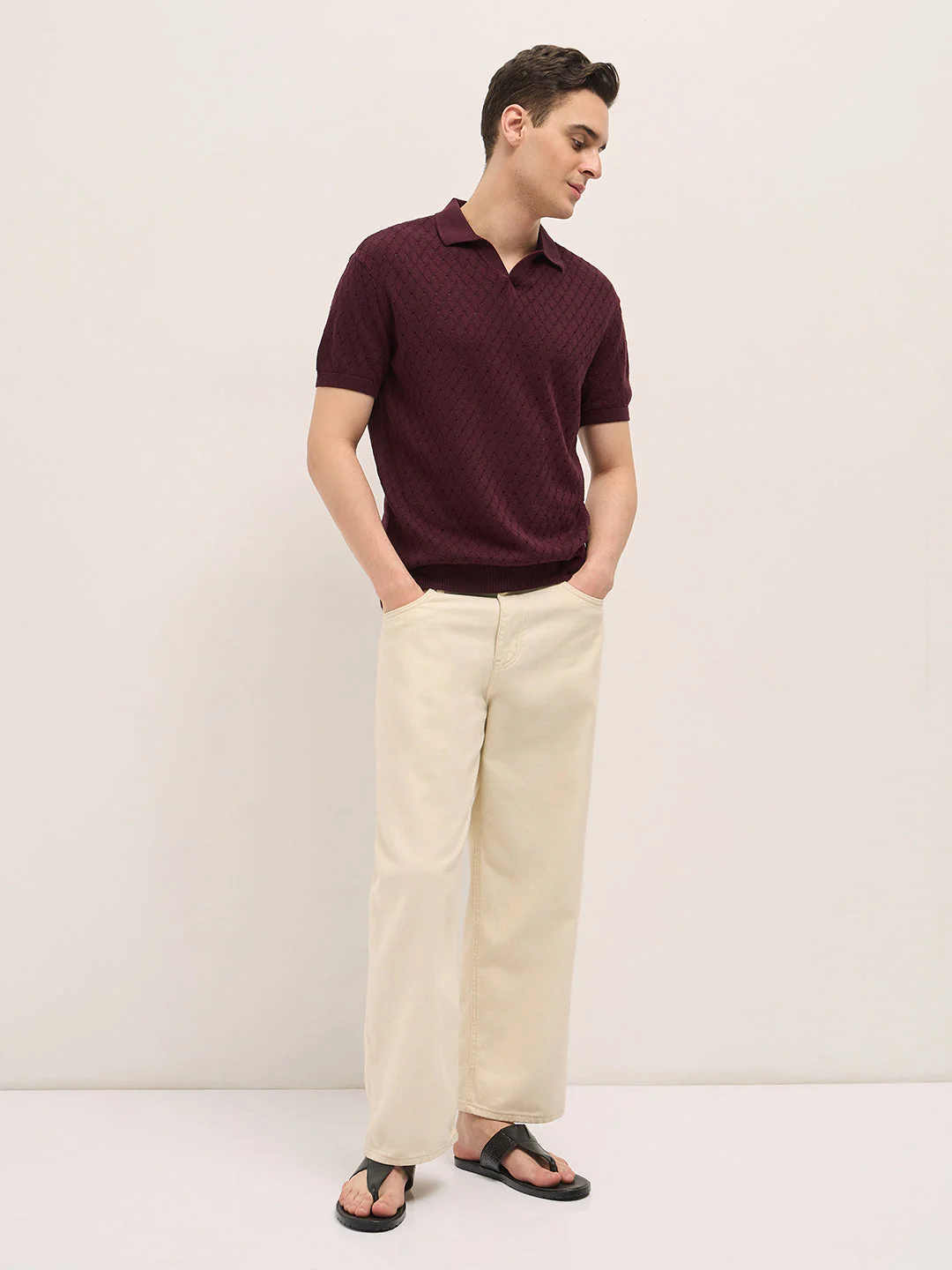 Men Maroon Relaxed Fit Textured Knit Polo - Image 4