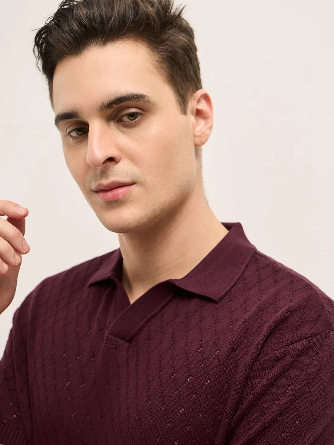 Men Maroon Relaxed Fit Textured Knit Polo - Image 5