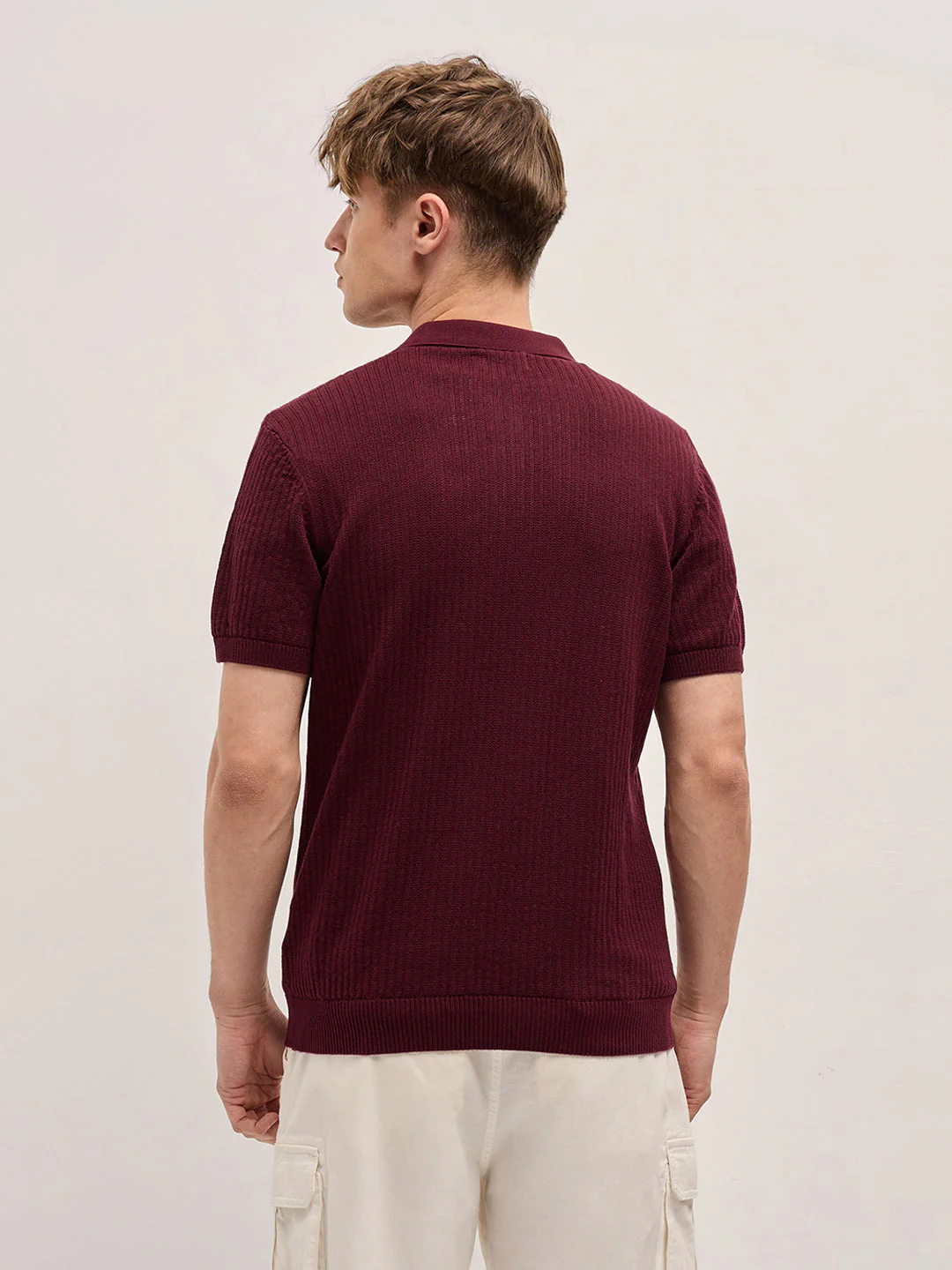Men Maroon Ribbed Texture Design Slim Fit Polo - Image 2