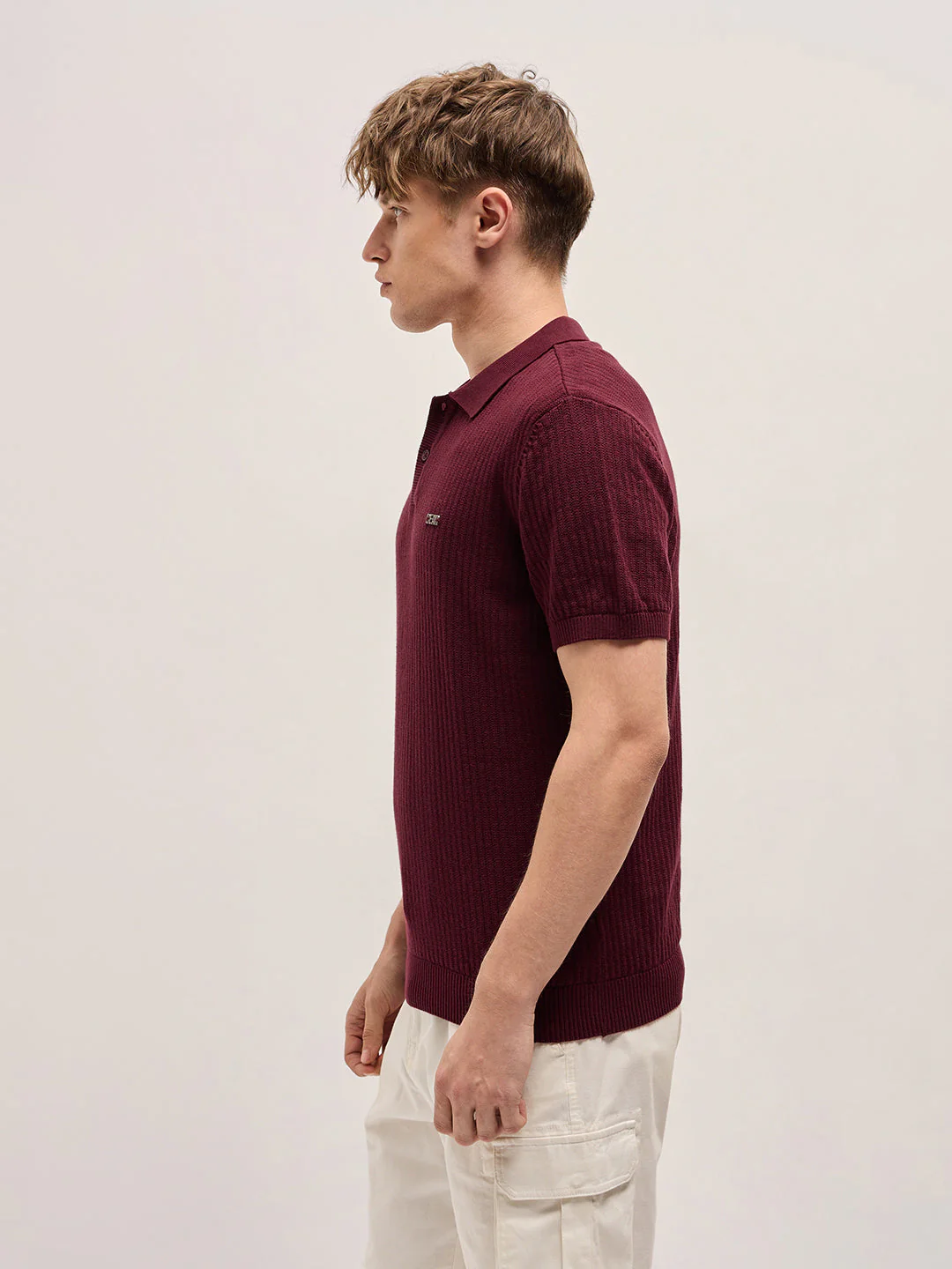 Men Maroon Ribbed Texture Design Slim Fit Polo - Image 3