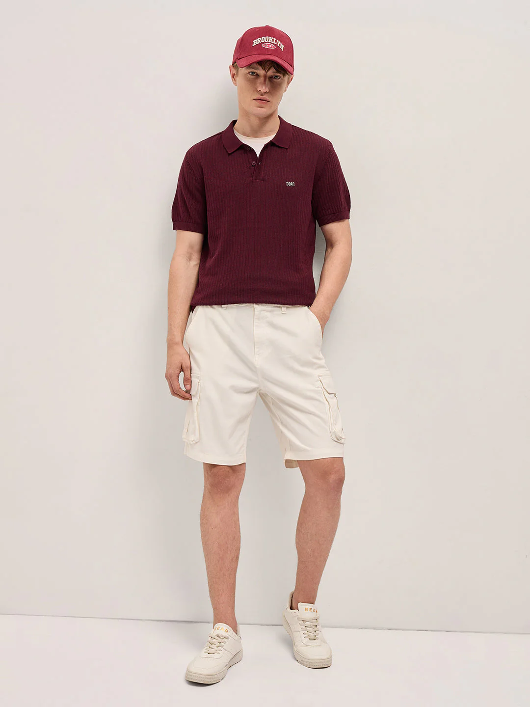 Men Maroon Ribbed Texture Design Slim Fit Polo - Image 4