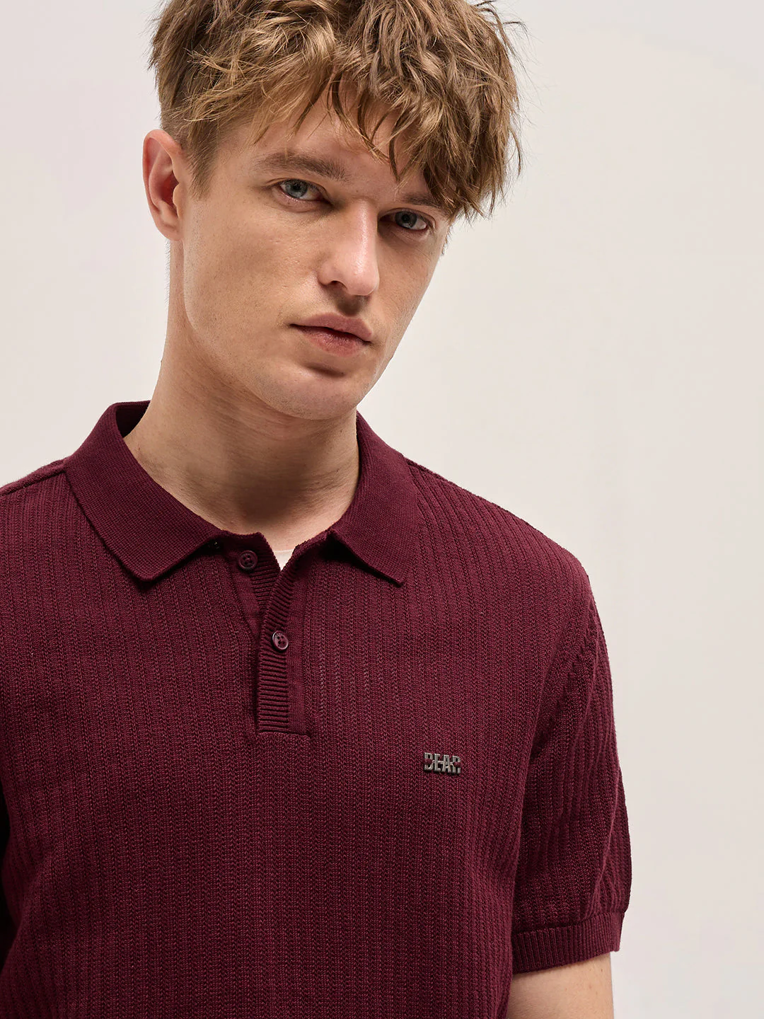 Men Maroon Ribbed Texture Design Slim Fit Polo - Image 5