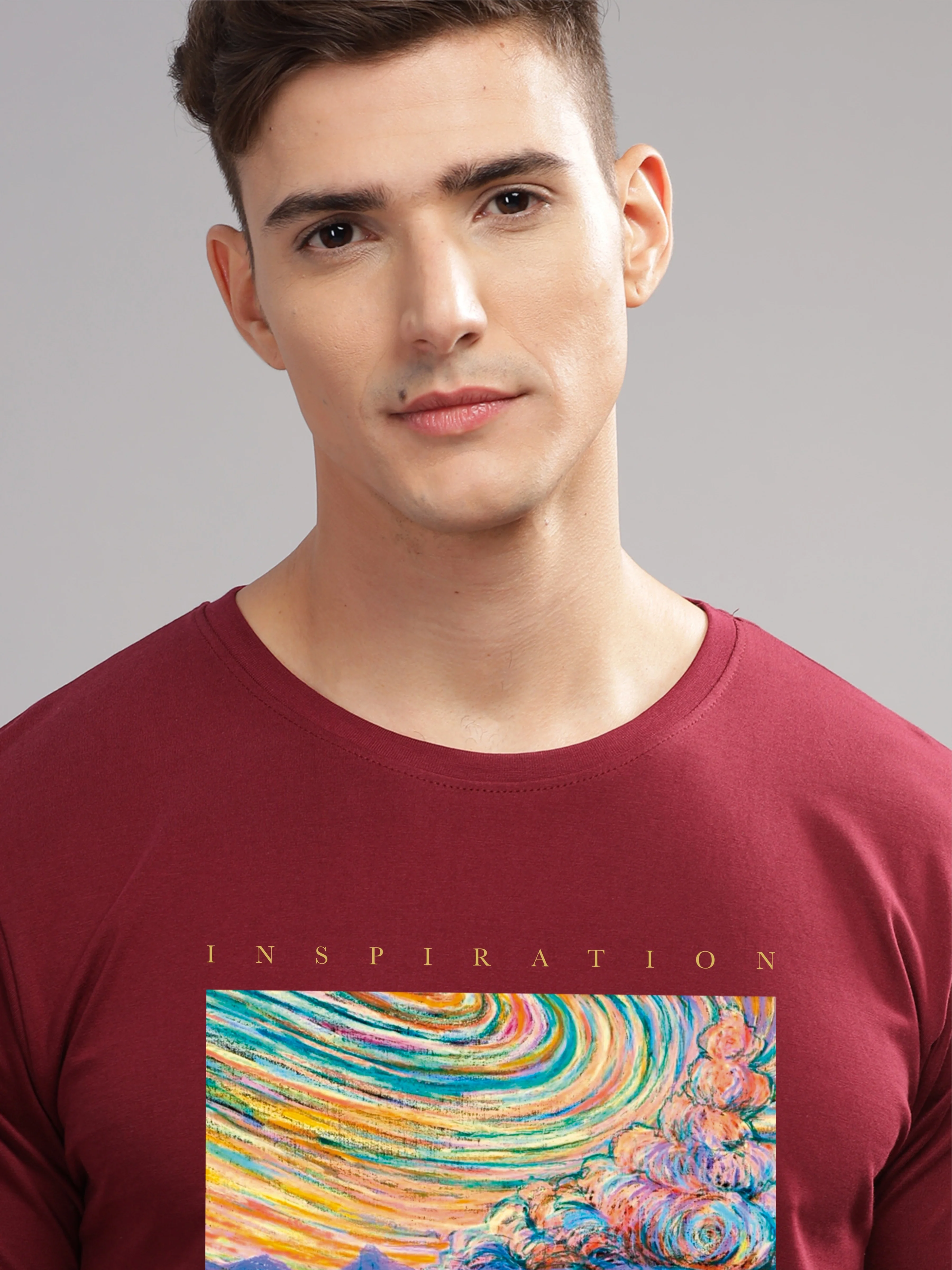 Men Maroon Round Neck T Shirt - Image 2