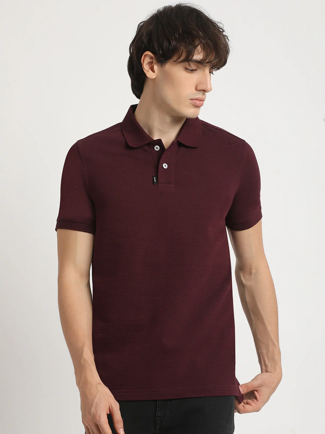 Men Maroon Self Design Regular Fit Polo Collar Tshirt - Image 2