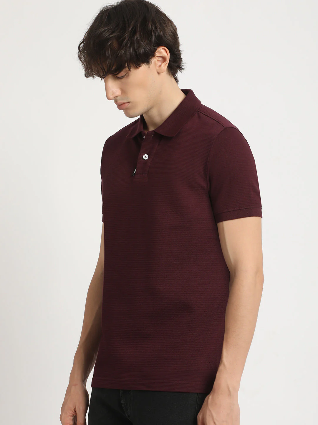 Men Maroon Self Design Regular Fit Polo Collar Tshirt - Image 3