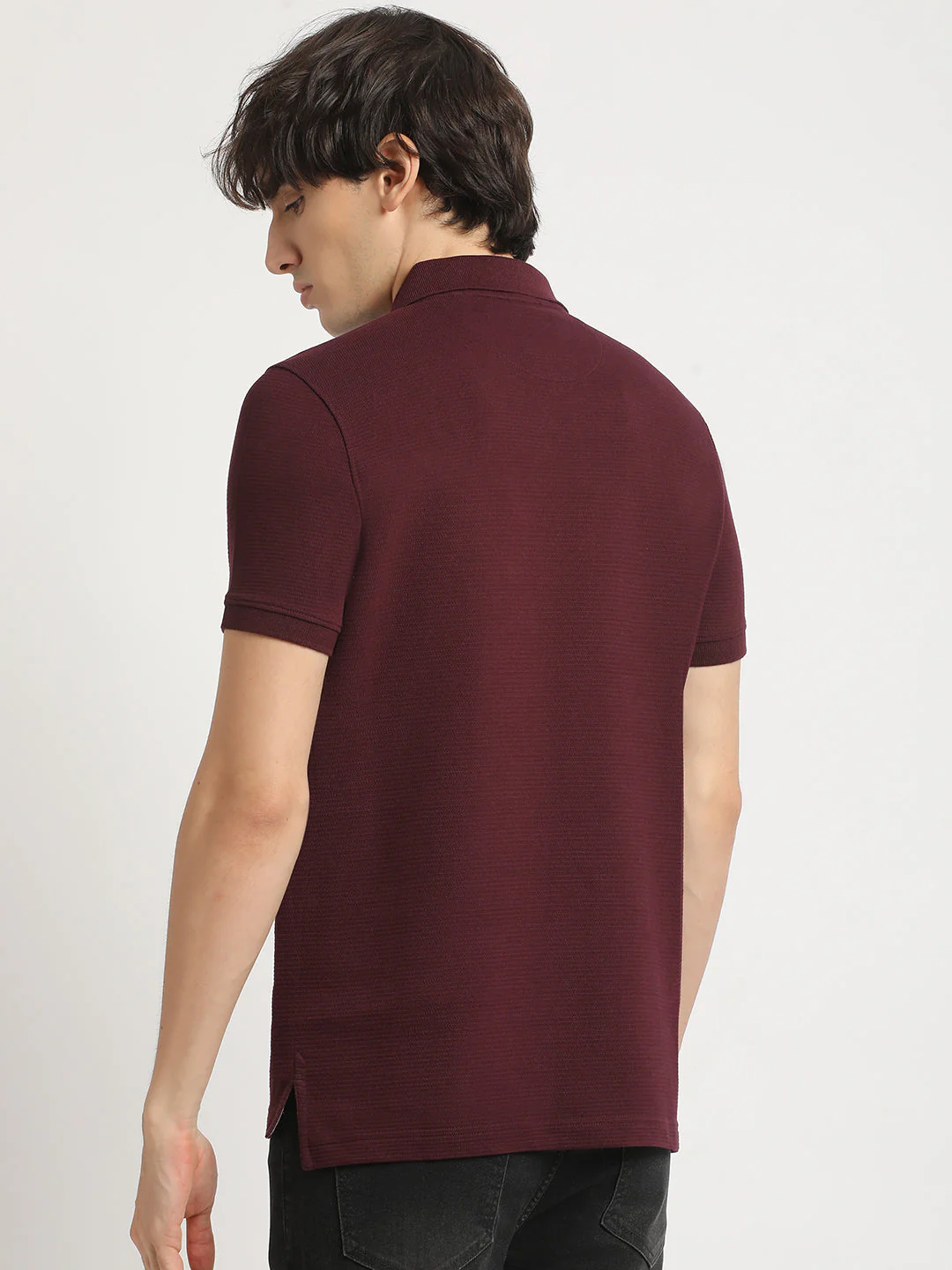 Men Maroon Self Design Regular Fit Polo Collar Tshirt - Image 4