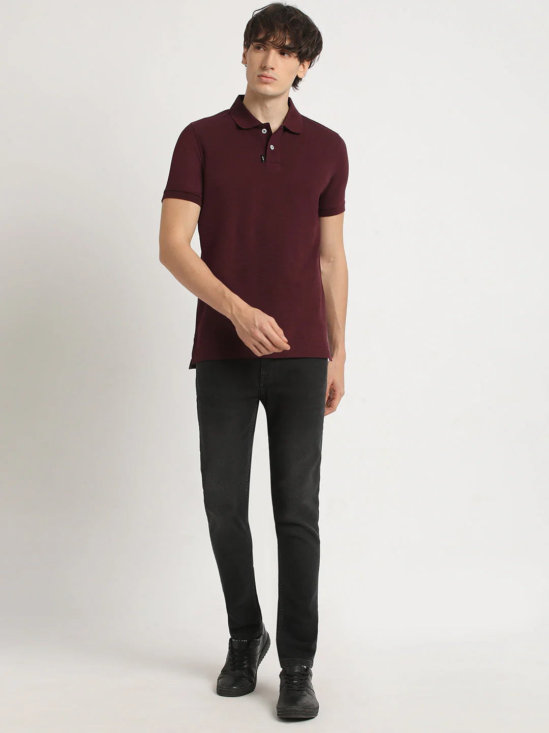 Men Maroon Self Design Regular Fit Polo Collar Tshirt - Image 5
