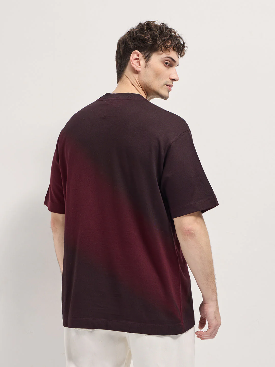 Men Maroon Shade Diagonal gradient fade Oversize Crew Neck T-shirt - Image 2