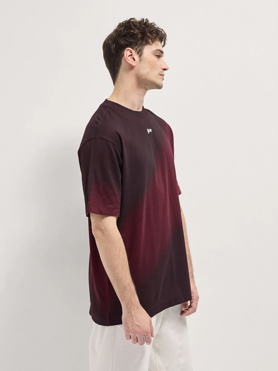 Men Maroon Shade Diagonal gradient fade Oversize Crew Neck T-shirt - Image 3
