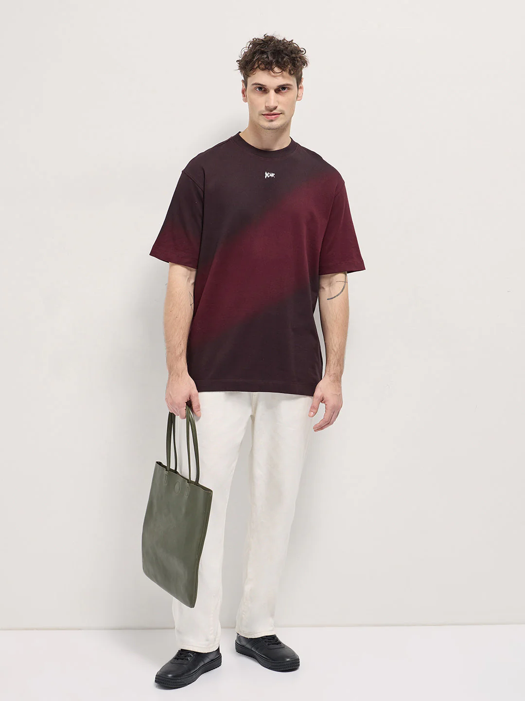 Men Maroon Shade Diagonal gradient fade Oversize Crew Neck T-shirt - Image 4