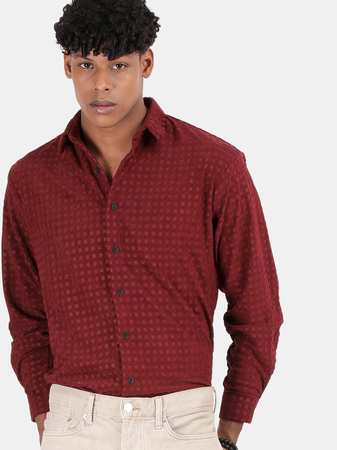 Men Maroon Slim Fit Spread Collar Full Sleeve Casual Shirt