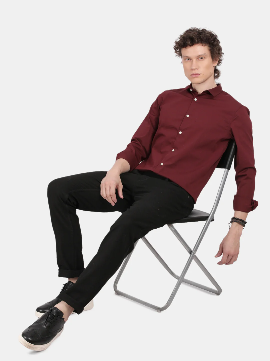 Men Maroon Slim Fit Spread Collar Full Sleeve Casual Shirt - Image 3