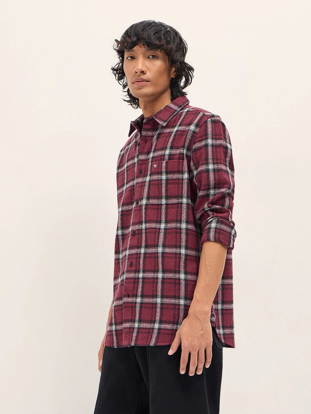 Men Maroon Slim Fit Tartan Checked Flannel Casual Shirt - Image 3