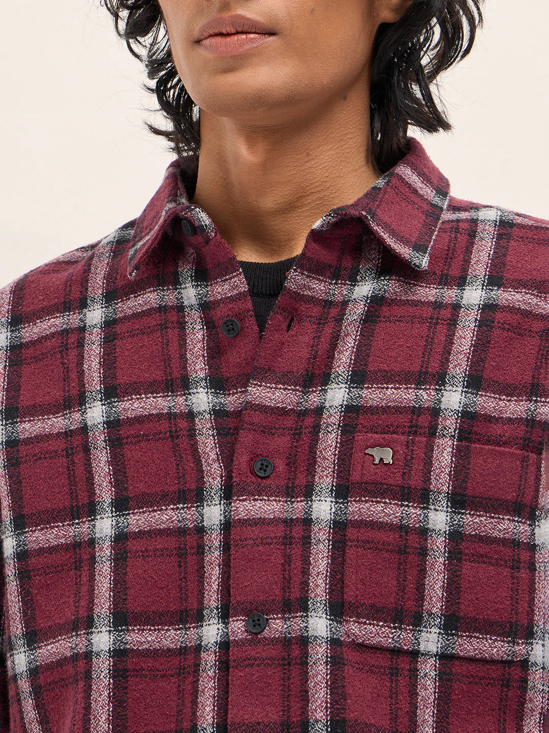 Men Maroon Slim Fit Tartan Checked Flannel Casual Shirt - Image 5