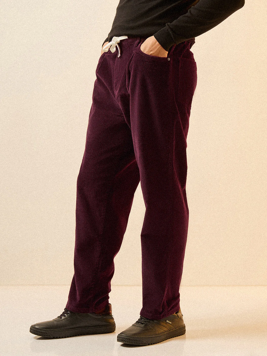 Men Maroon Solid Corduroy Cotton Pant - Image 3