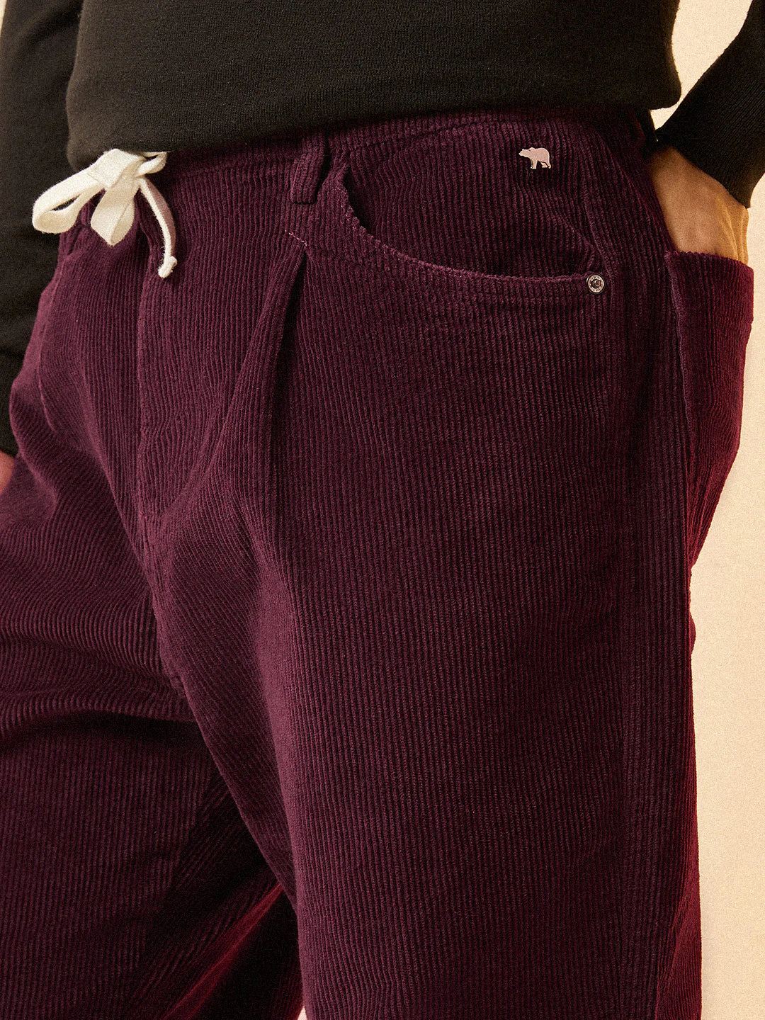 Men Maroon Solid Corduroy Cotton Pant - Image 5