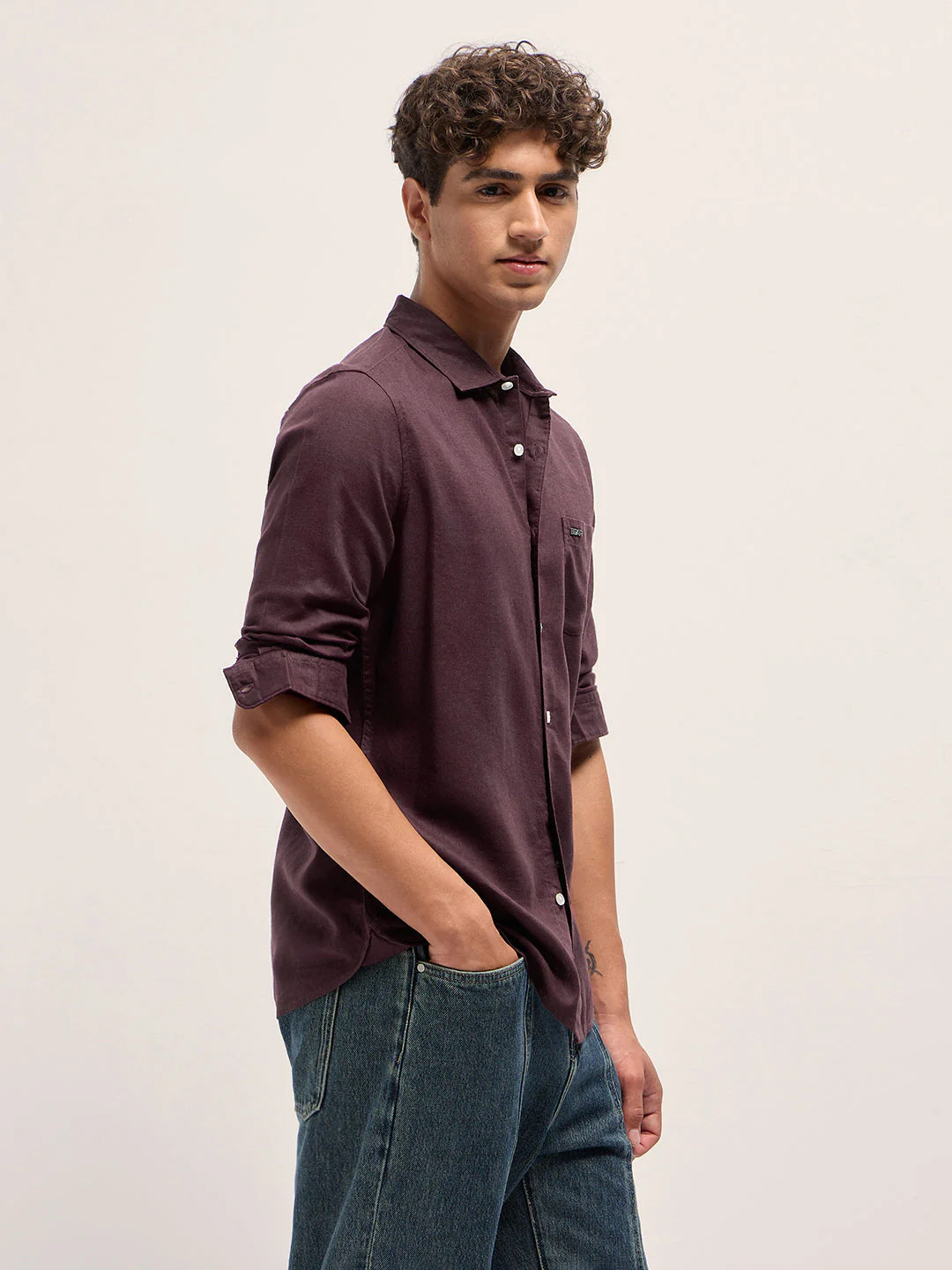 Men Maroon Solid Lyocell Slim Fit Casual Shirt - Image 3