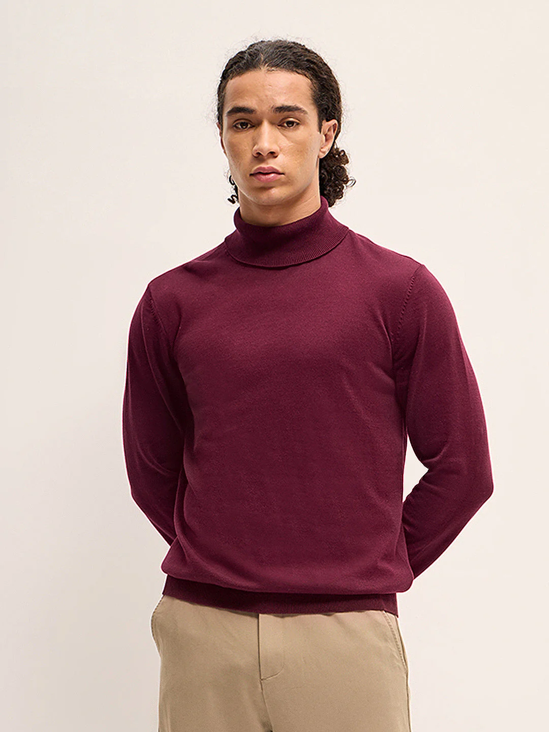Men Maroon Solid Regular Fit Turtle Neck T-shirt