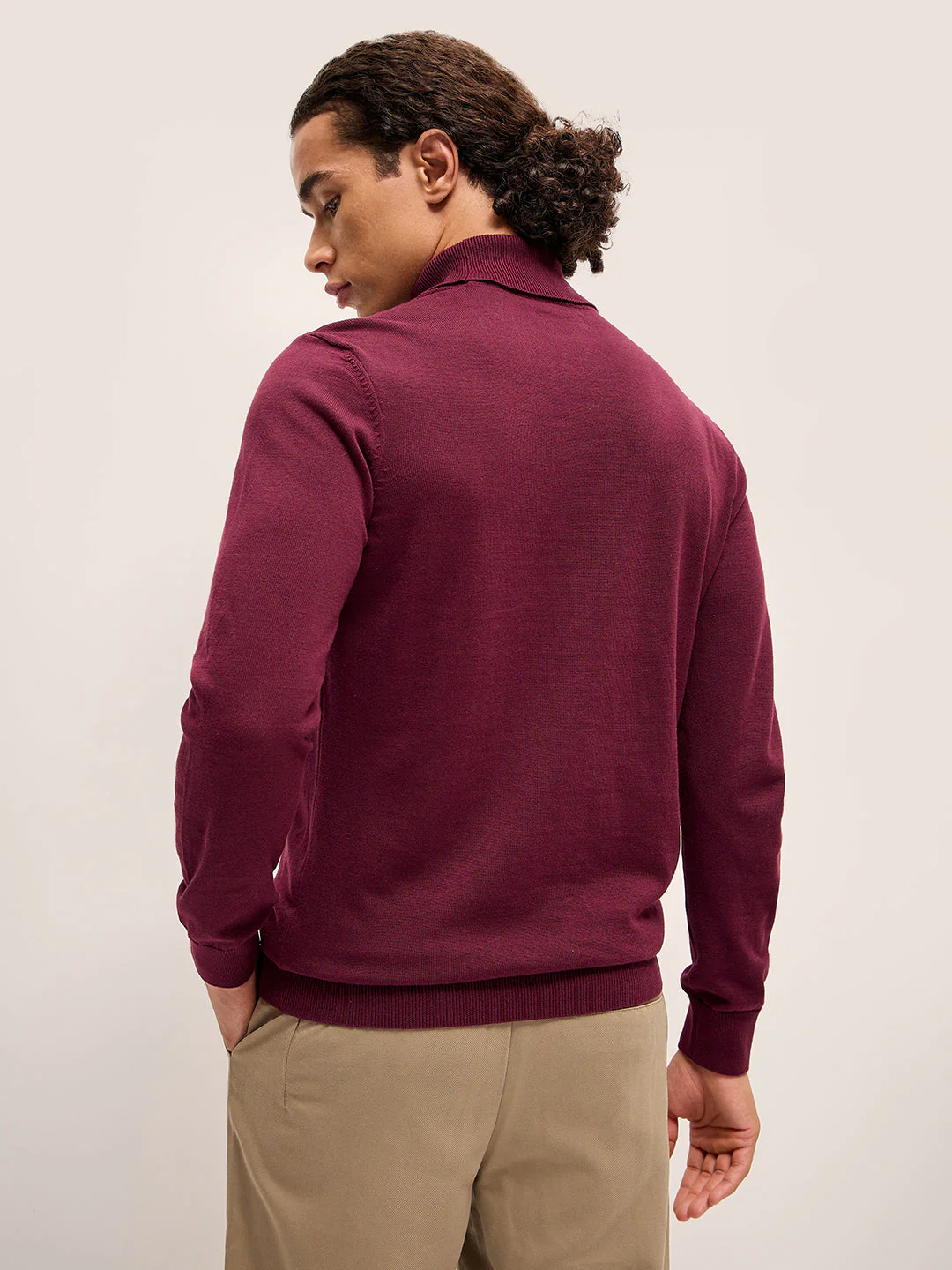 Men Maroon Solid Regular Fit Turtle Neck T-shirt - Image 2