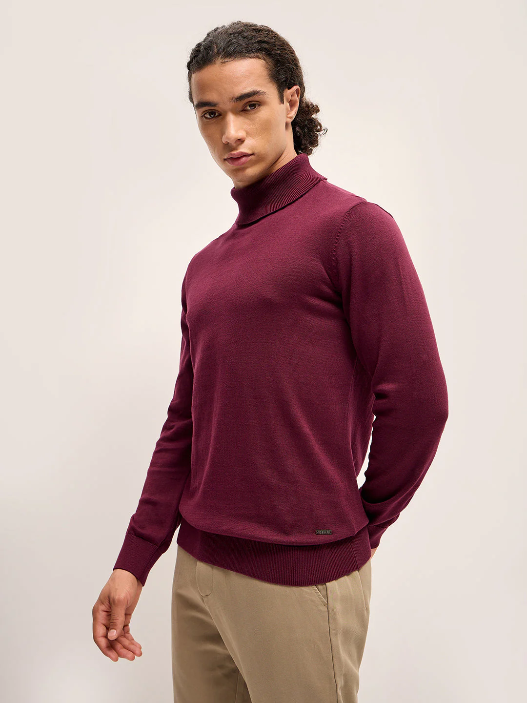 Men Maroon Solid Regular Fit Turtle Neck T-shirt - Image 3