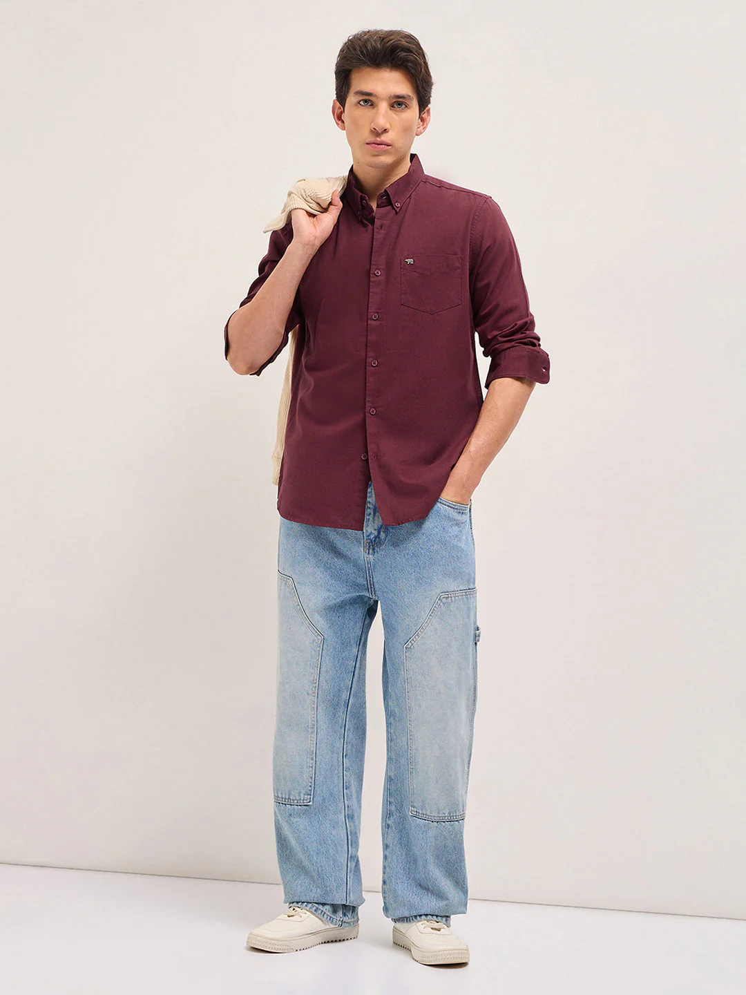 Men Maroon Solid Slim Fit Casual Shirt - Image 4