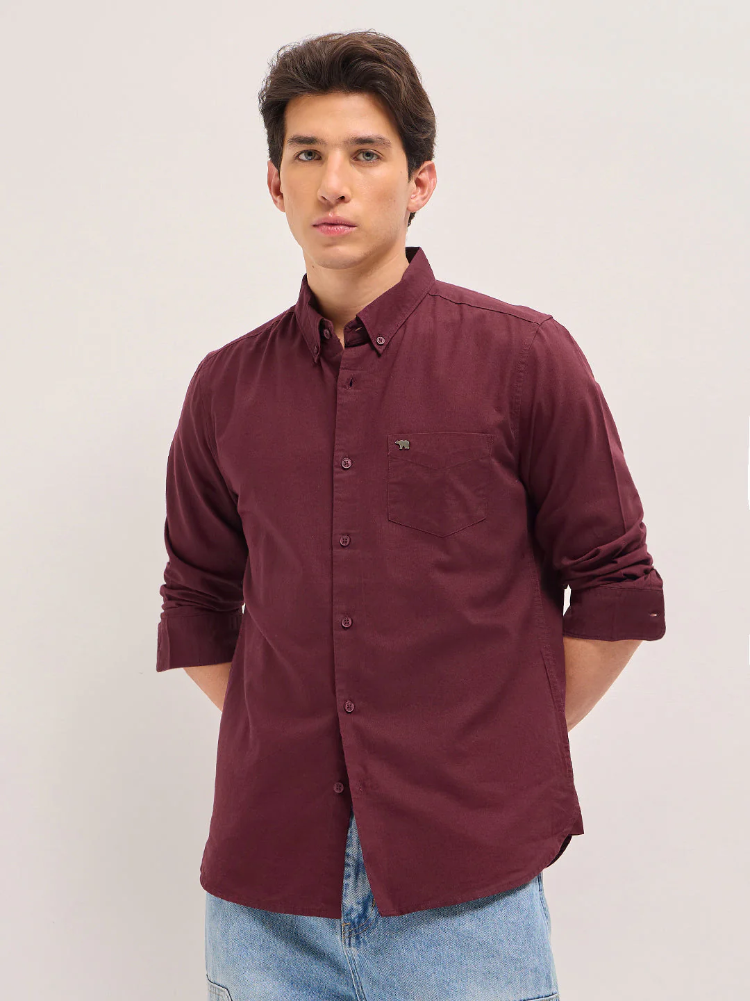 Men Maroon Solid Slim Fit Casual Shirt - Image 6