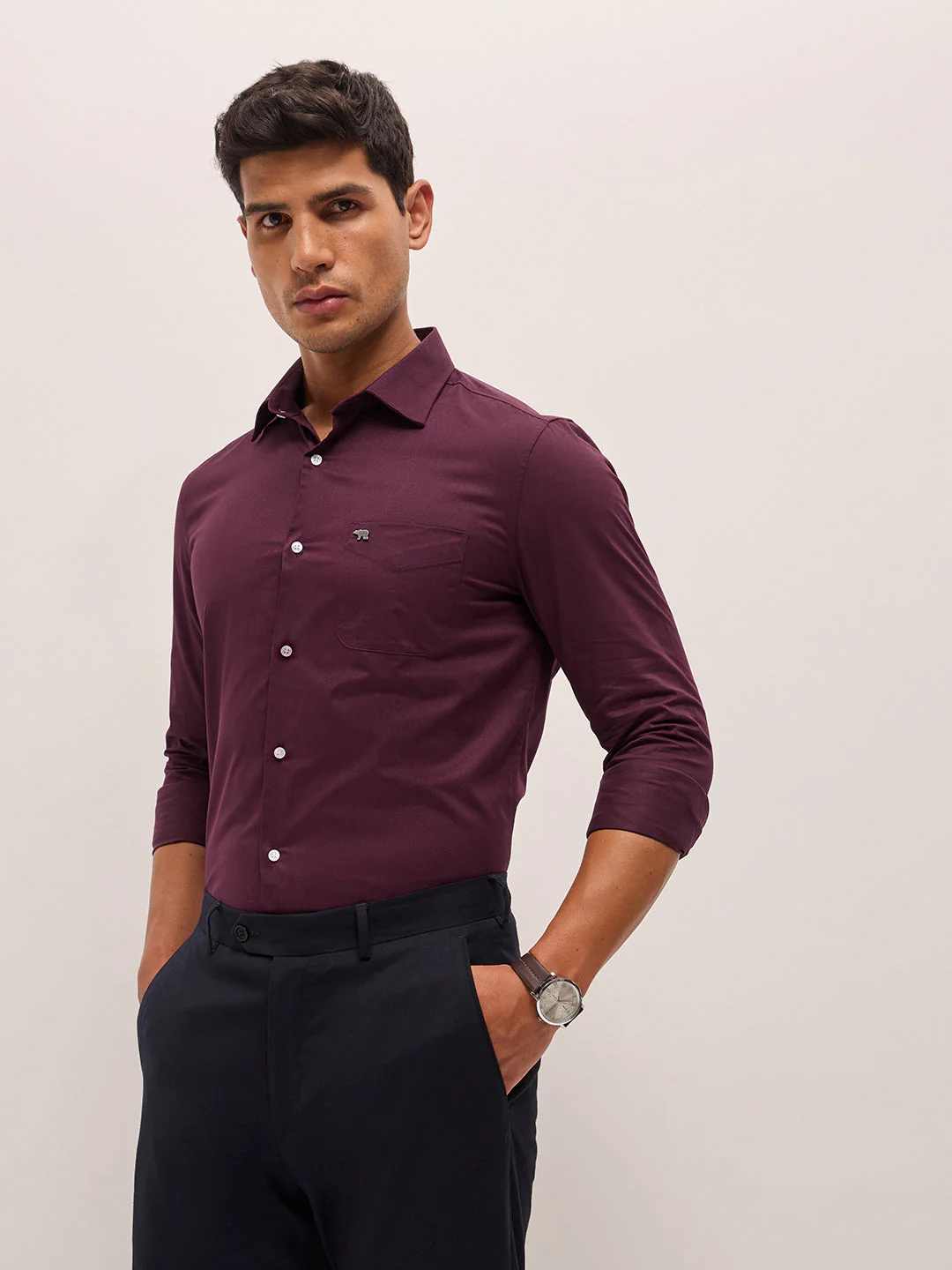 Men Maroon Tailored Fit Solid Formal Shirt