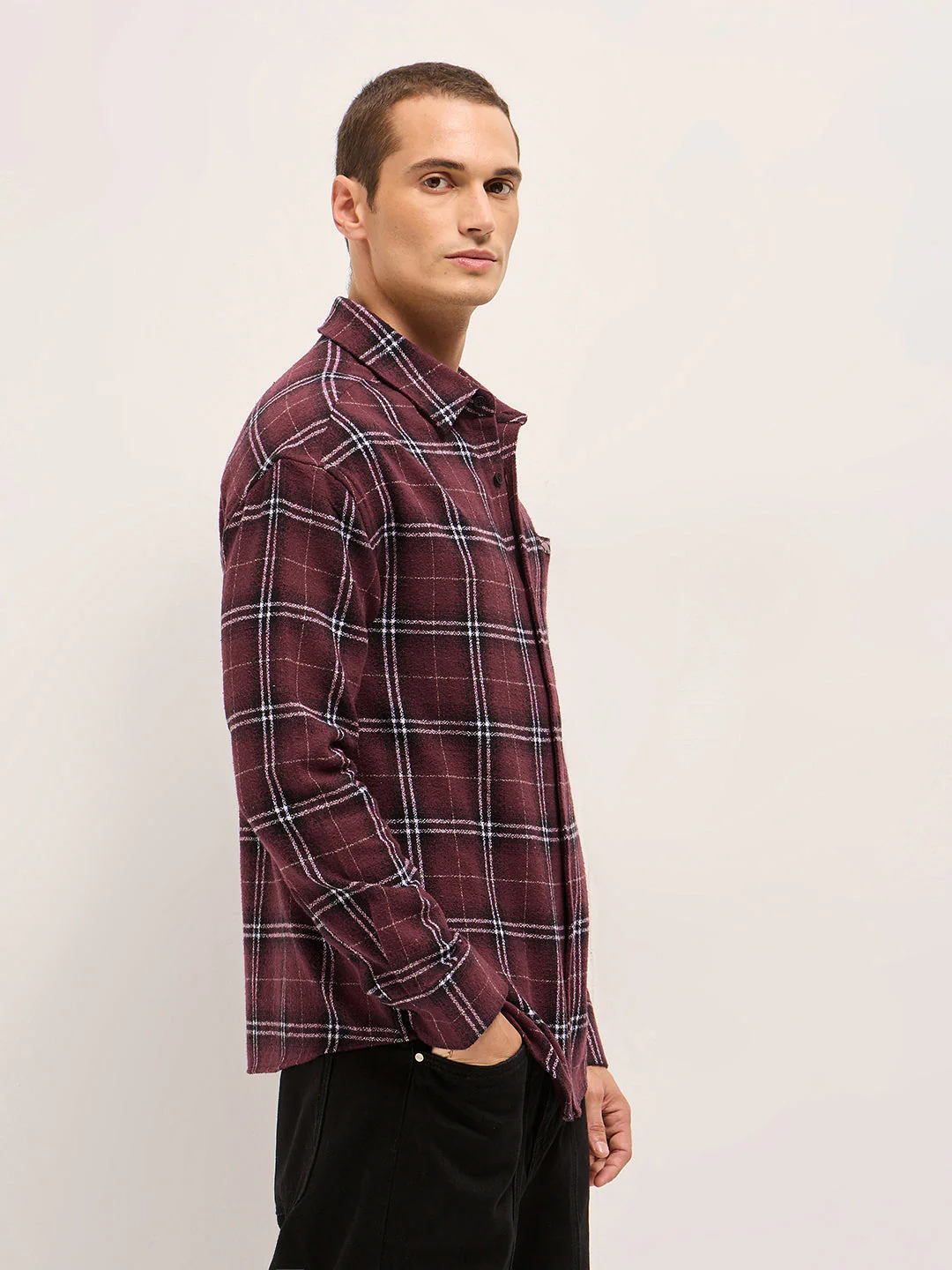 Men Maroon Tartan Checked Design Relax Fit Casual Shirt - Image 3