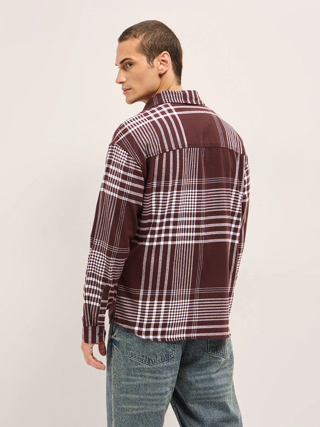 Men Maroon Tartan Checked Design Relaxed Fit Overshirt - Image 2