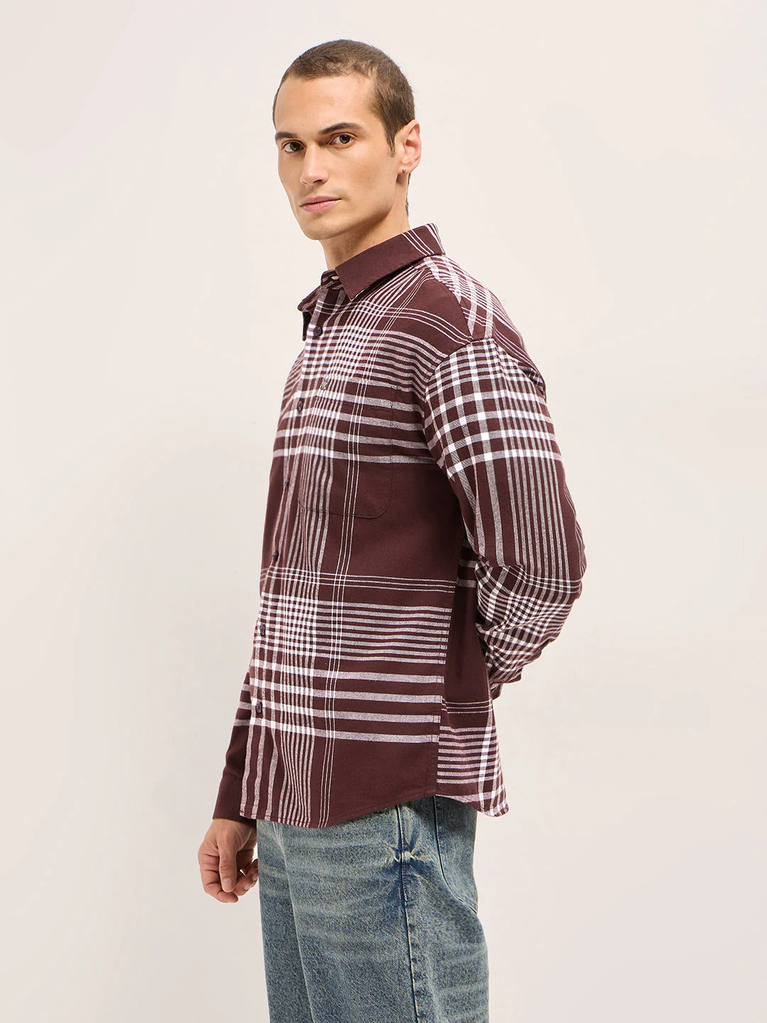 Men Maroon Tartan Checked Design Relaxed Fit Overshirt - Image 3