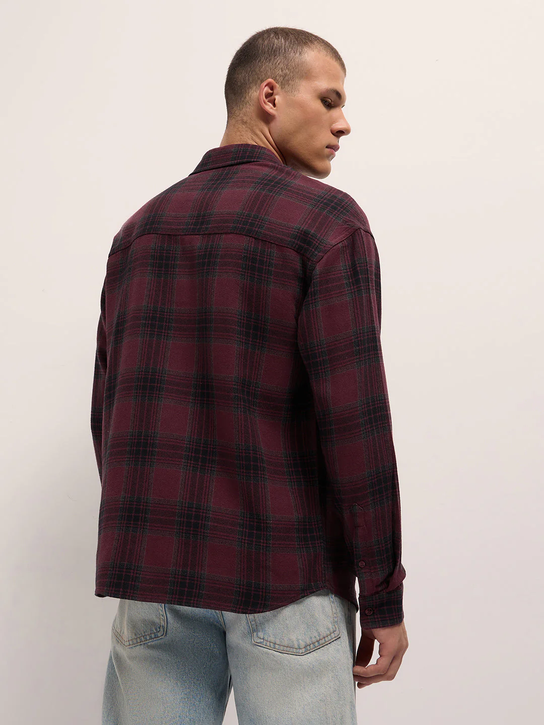 Men Maroon Tartan Checked Relaxed Fit Overshirt - Image 2