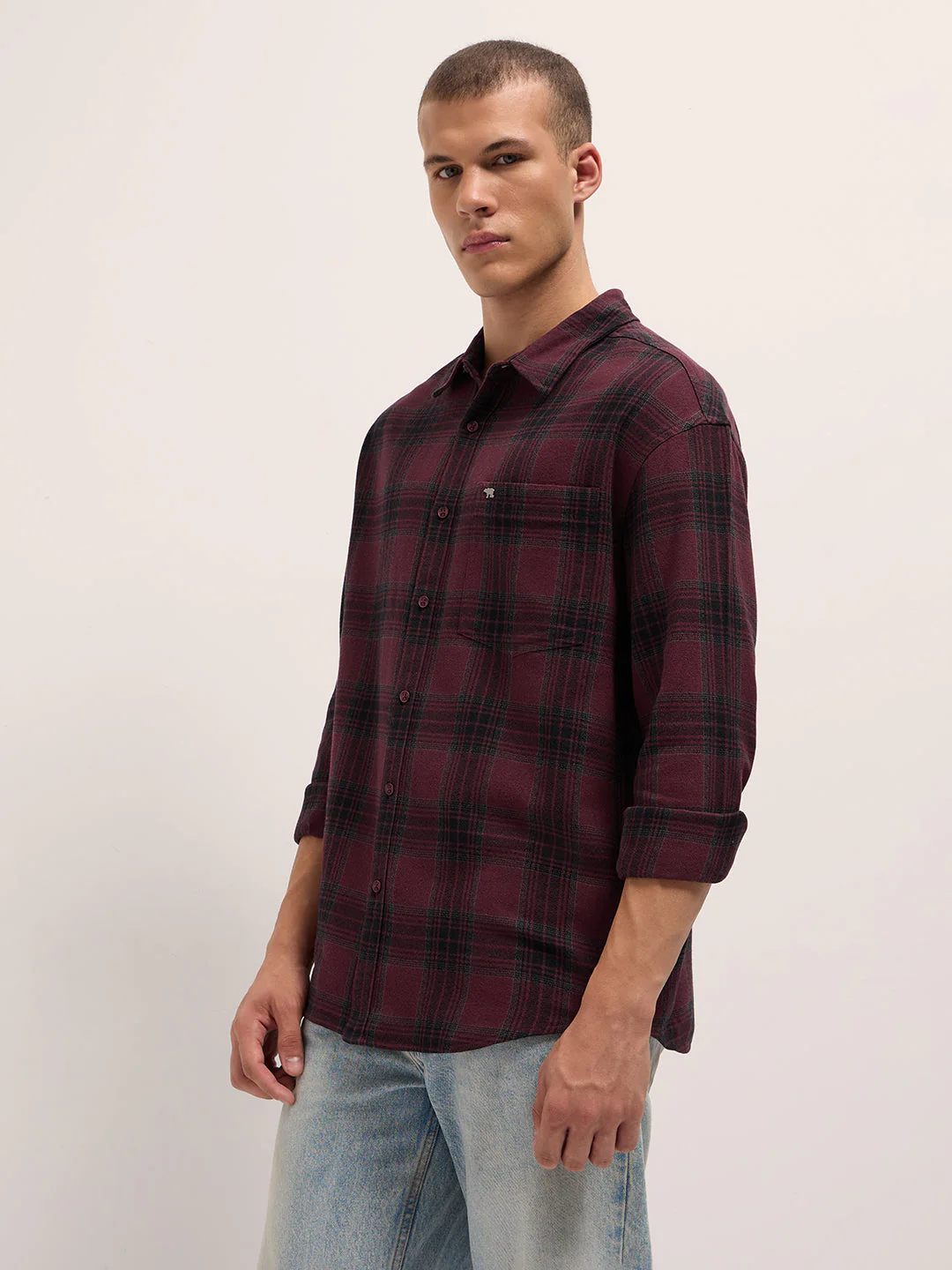 Men Maroon Tartan Checked Relaxed Fit Overshirt - Image 3