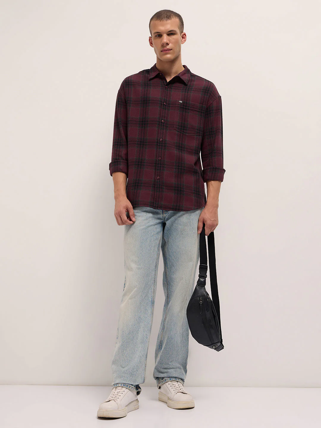 Men Maroon Tartan Checked Relaxed Fit Overshirt - Image 4