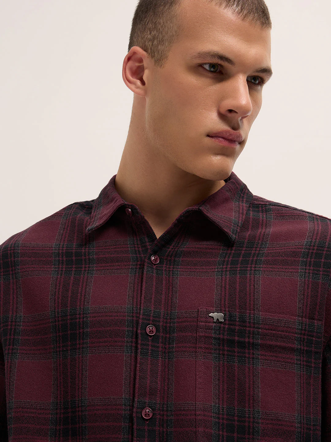 Men Maroon Tartan Checked Relaxed Fit Overshirt - Image 5
